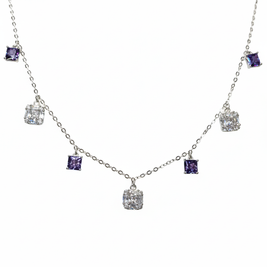 Silver Cushion Cut Purple Dangling Necklace