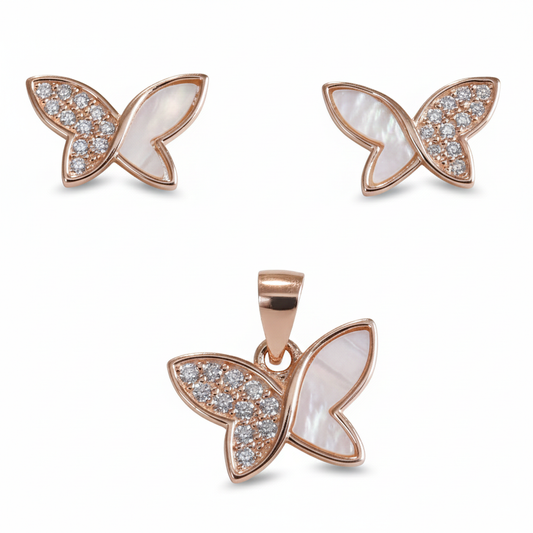 Rose gold Cute MOP Flutter Butterfly Pendant set