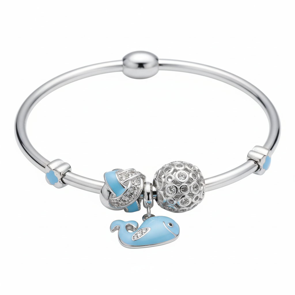 Silver Whimsical Whale Charm Bracelet