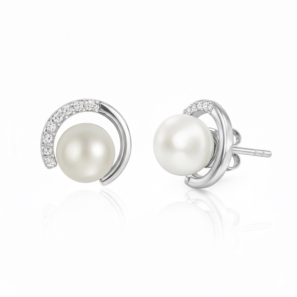 Silver Classy Pearl with Zircons Studs earrings