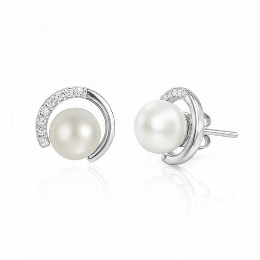 Silver Classy Pearl with Zircons Studs earrings