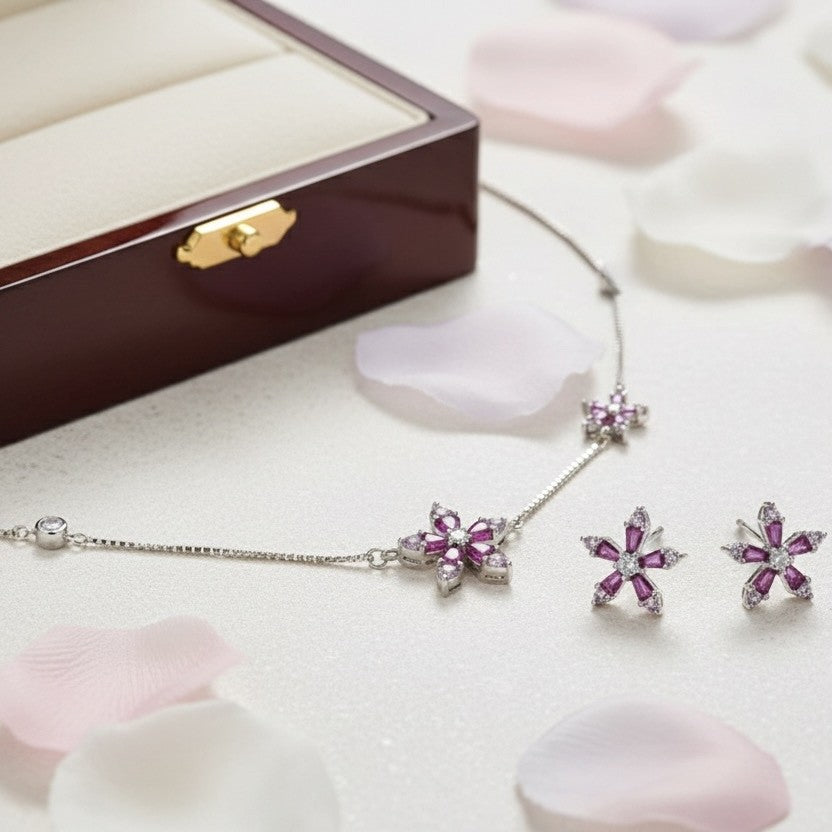 Silver Radiant Pink Floral Pendant Set