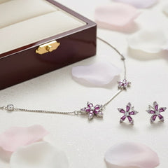 Silver Radiant Pink Floral Pendant Set