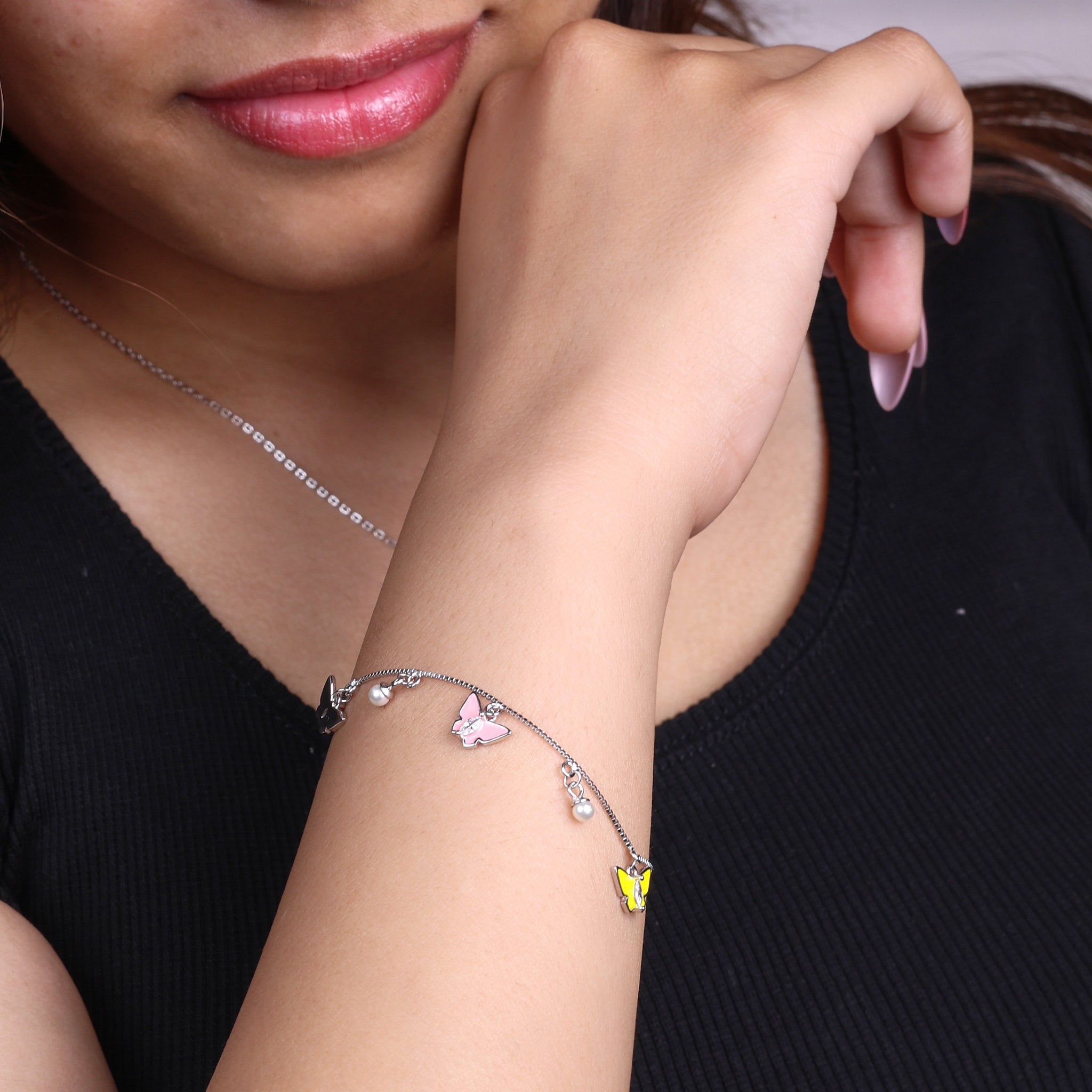 Silver Butterfly Charm Bracelet with Enamel & Pearl Drops