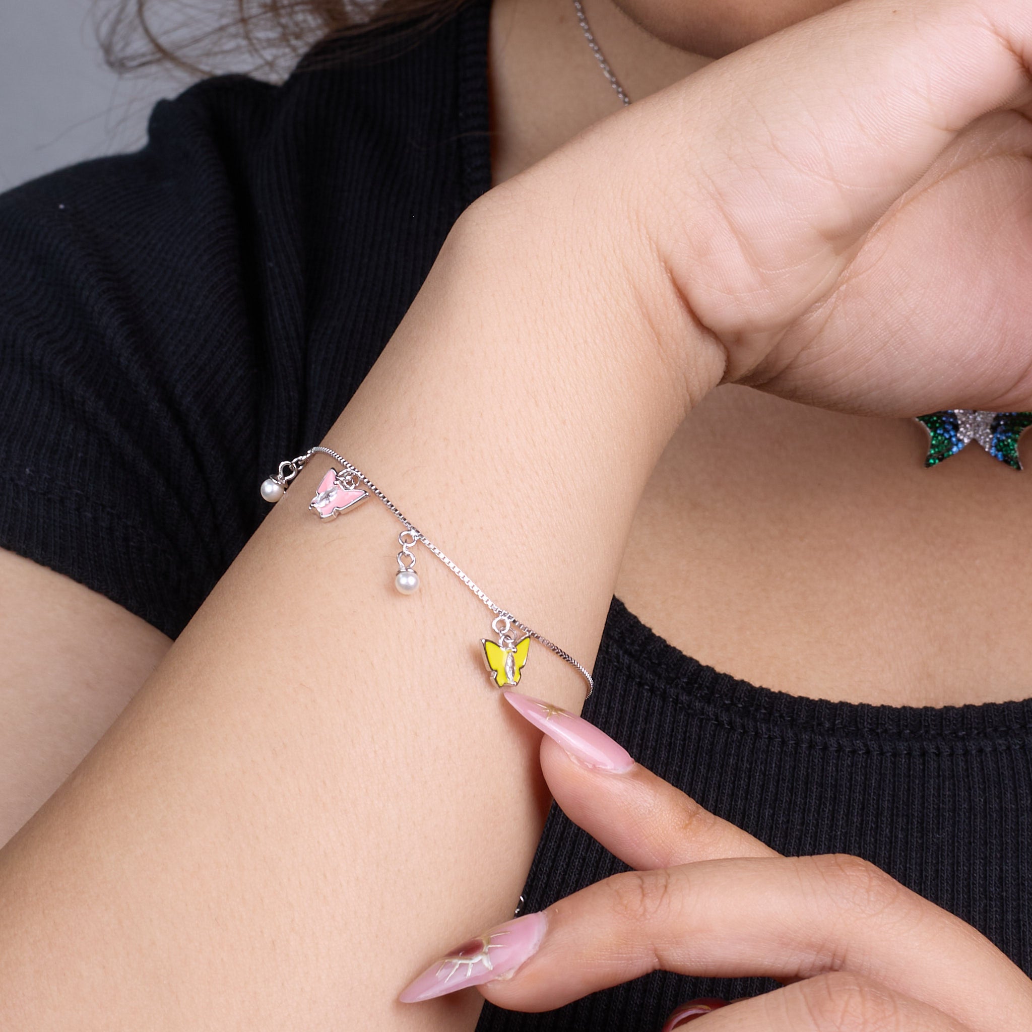 Silver Butterfly Charm Bracelet with Enamel & Pearl Drops