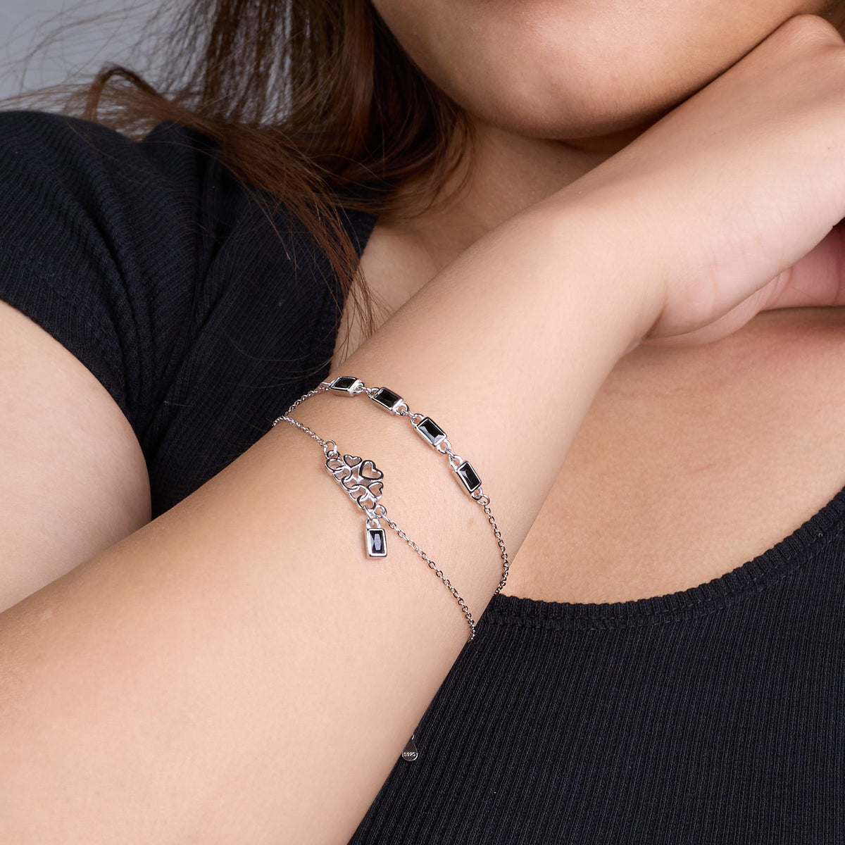 Silver Double Layered Bracelet With Black Baguette And Heart charms