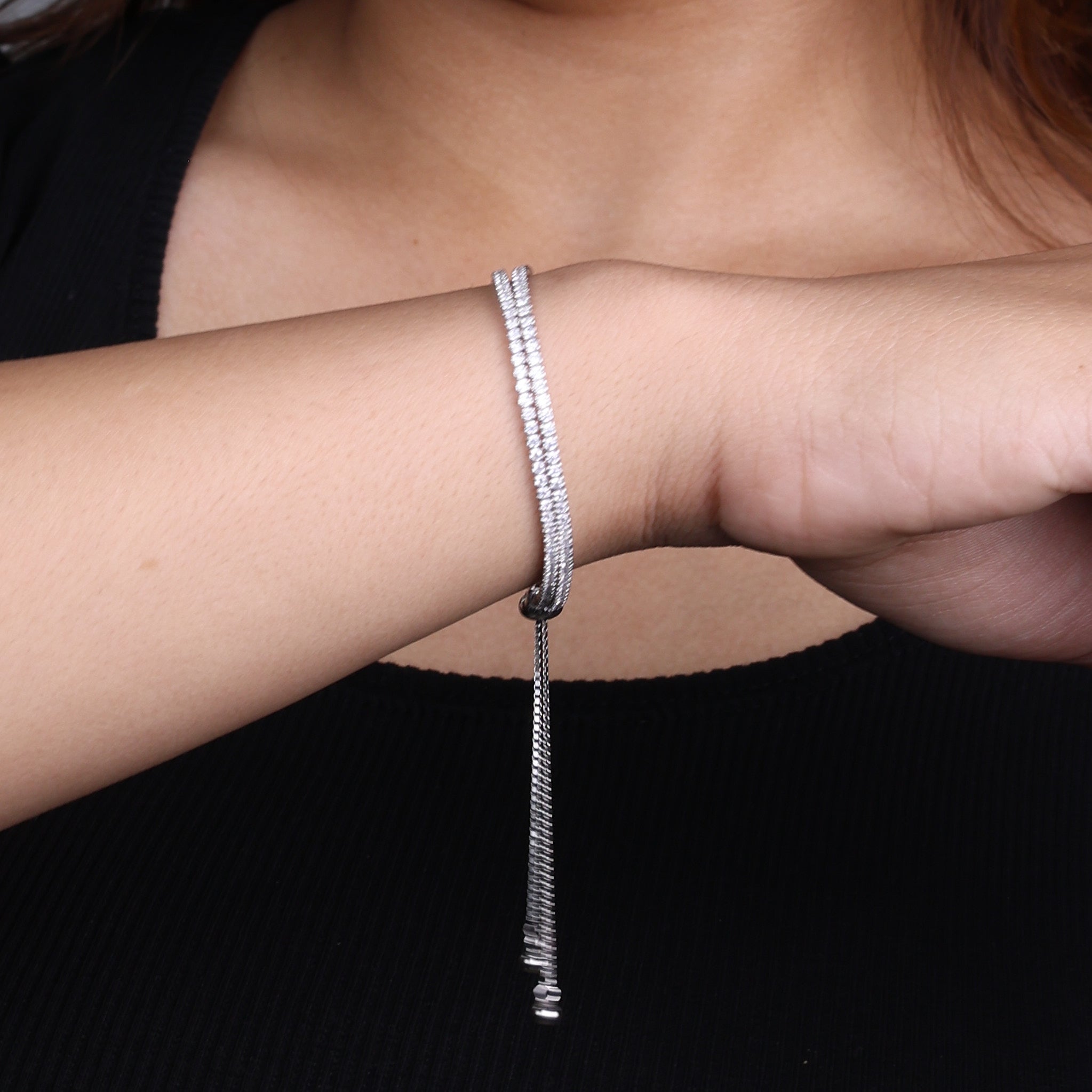 Silver Dual Row Crystal Chain Bracelet