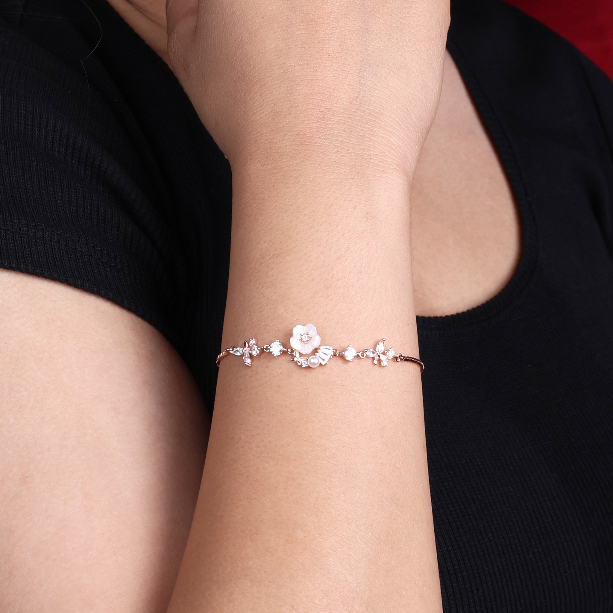 Rose gold Cute Whimsical Flower and Butterfly Bracelet for her