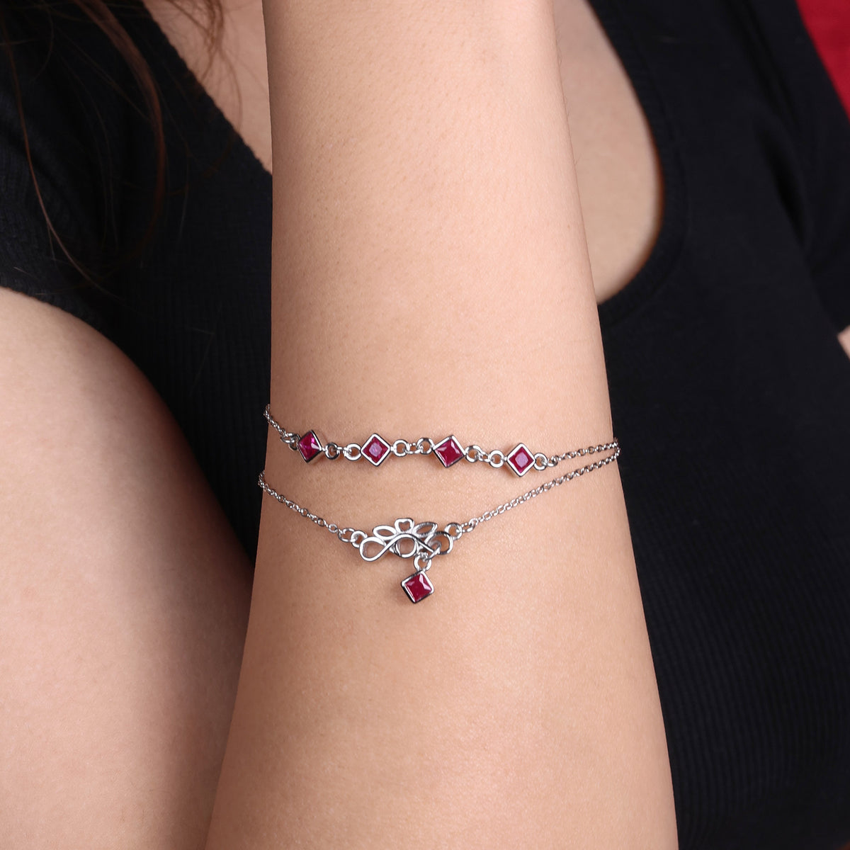 Silver Pink Double Layered Charm Bracelet with Infinity Knot