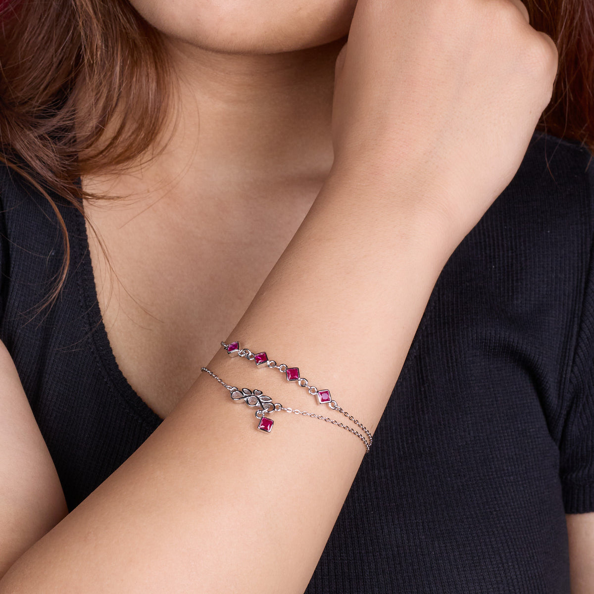 Silver Pink Double Layered Charm Bracelet with Infinity Knot