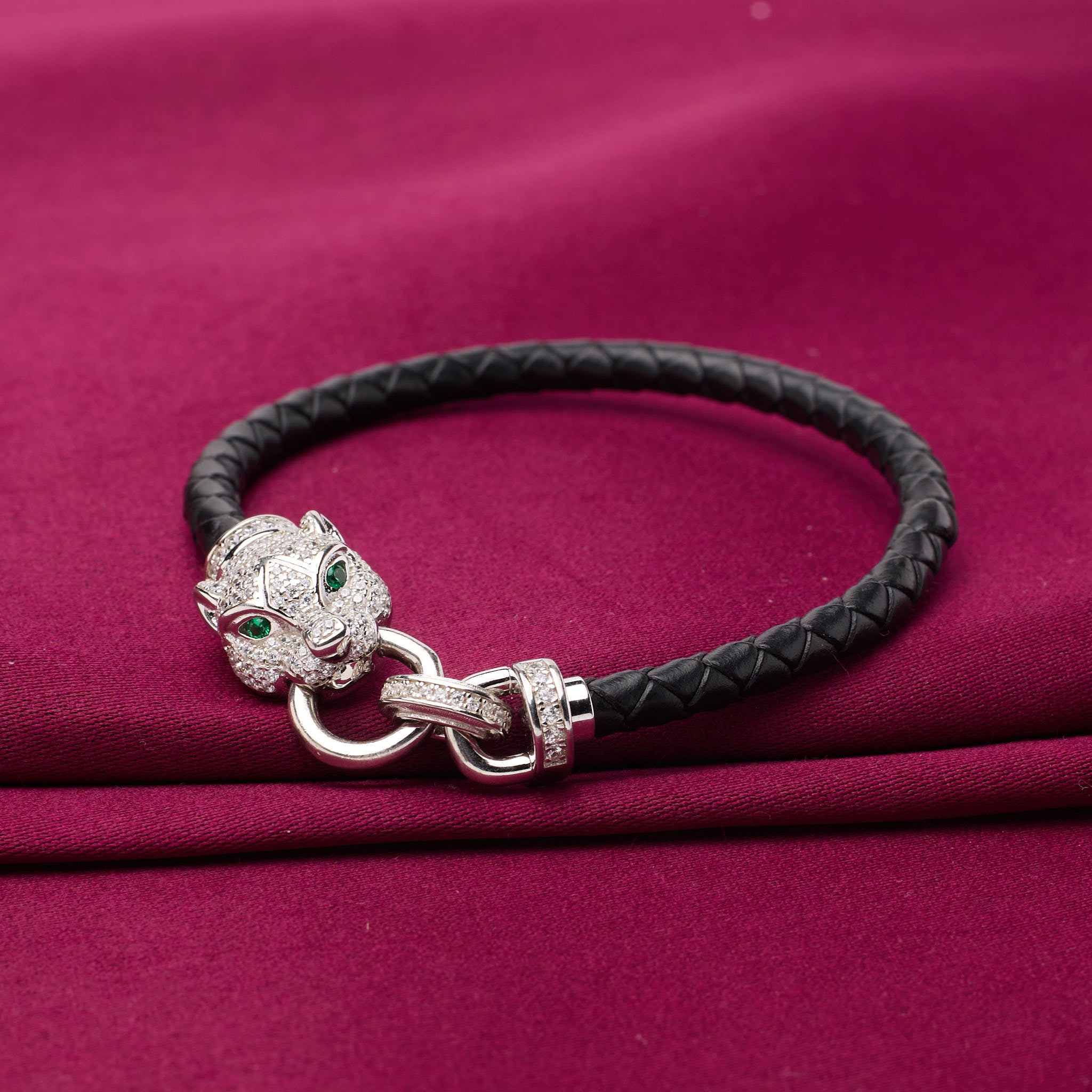 Silver Luxury Leather Panther Bracelet For Her