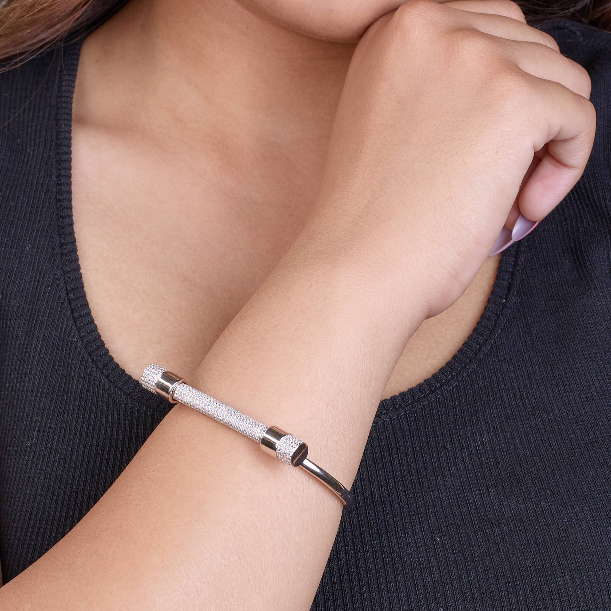 Silver Pave Screw Bar Bangle Bracelet