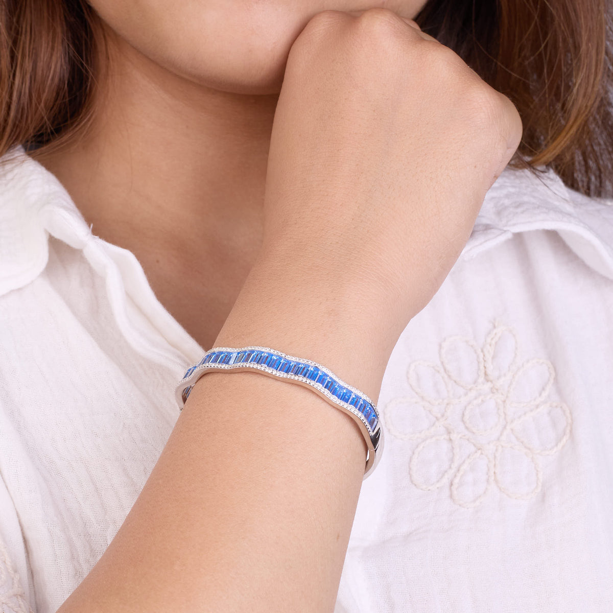 Silver Sapphire Blue Baguette cut Zirconia Bracelet