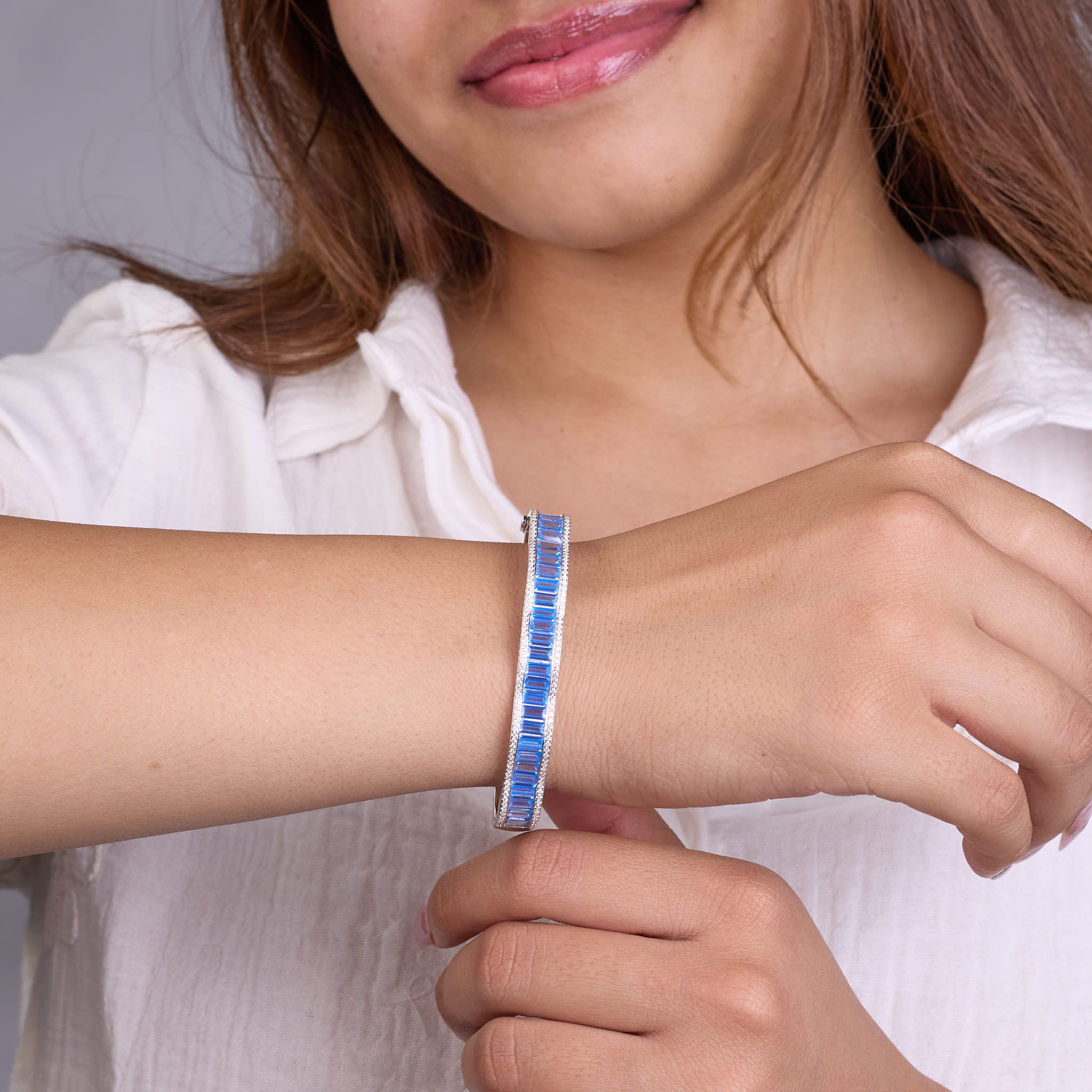 Silver Sapphire Blue Baguette cut Zirconia Bracelet