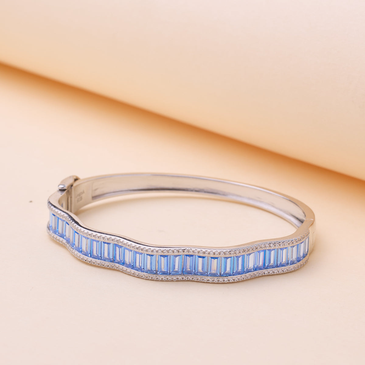 Silver Sapphire Blue Baguette cut Zirconia Bracelet