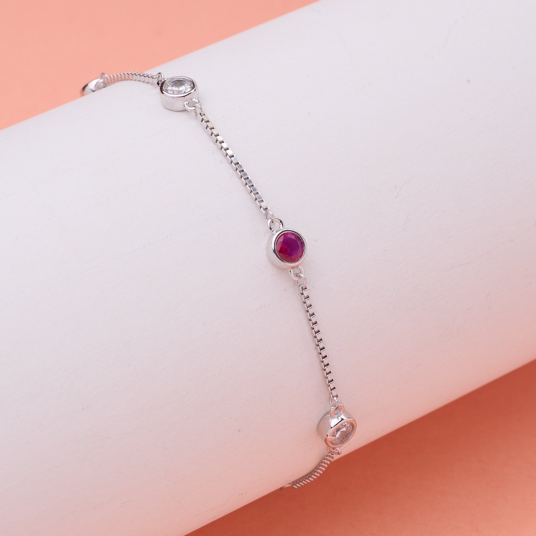 Silver Classic Ruby pink and White Girlish Chain bracelet