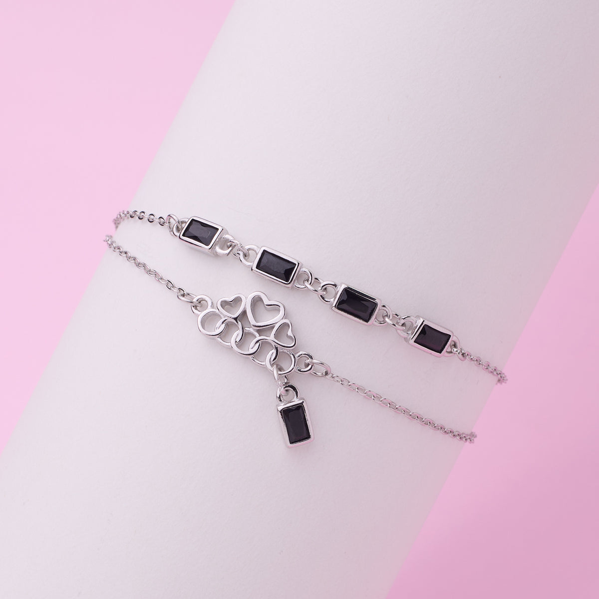 Silver Double Layered Bracelet With Black Baguette And Heart charms