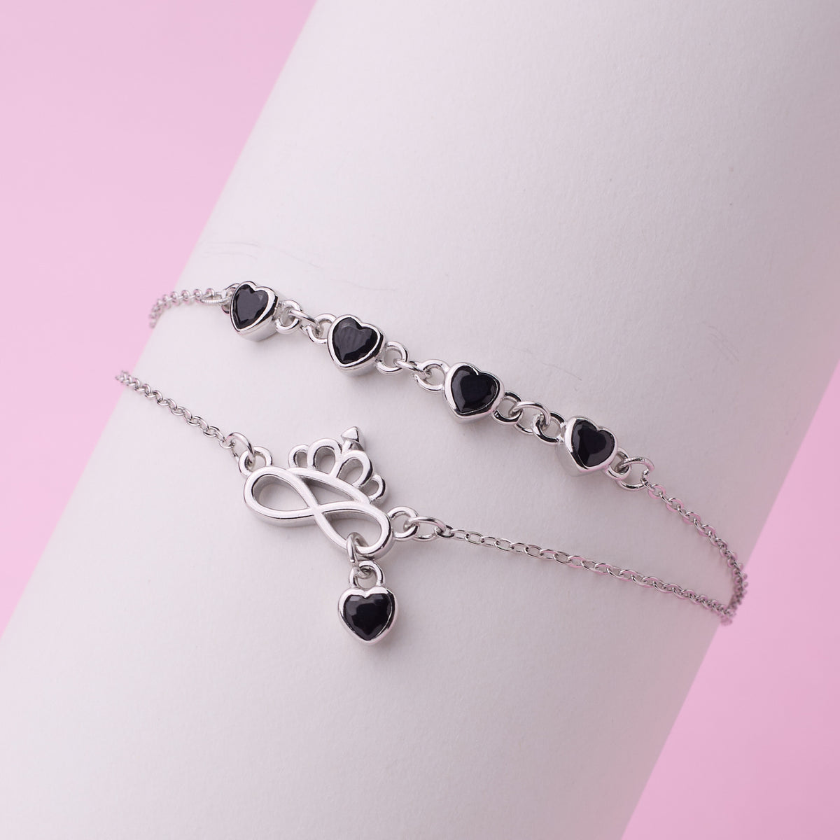 Silver Double Layered Black Heart Charm Bracelet with Crown Infinity