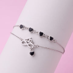 Silver Double Layered Black Heart Charm Bracelet with Crown Infinity