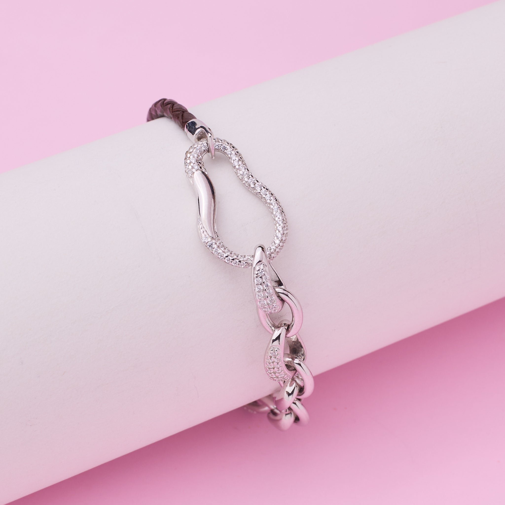 925 Silver Pave Link & Braided Leather Statement Bracelet