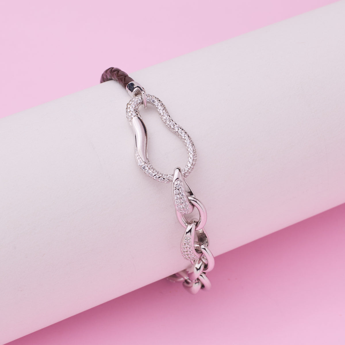 925 Silver Pave Link & Braided Leather Statement Bracelet
