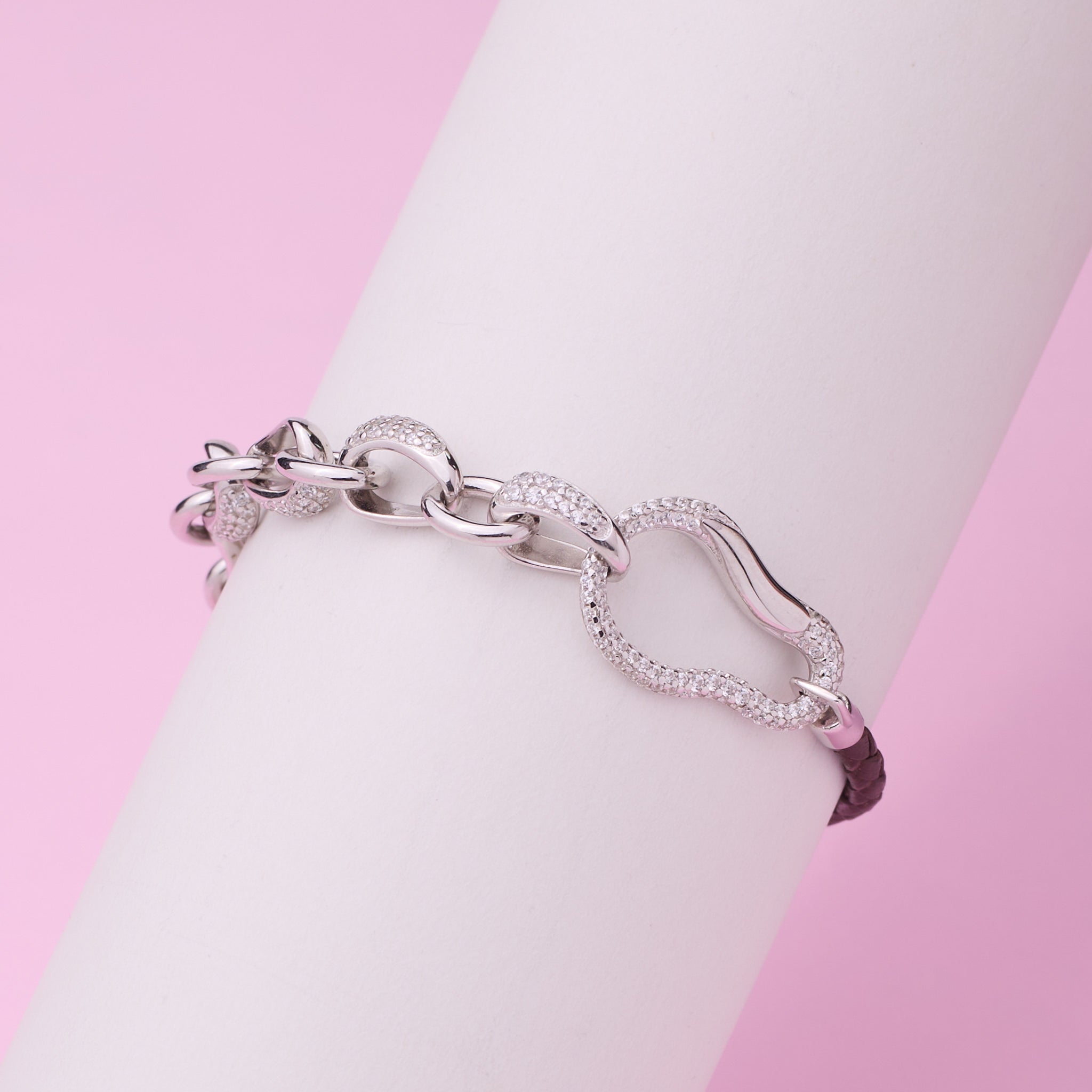 925 Silver Pave Link & Braided Leather Statement Bracelet