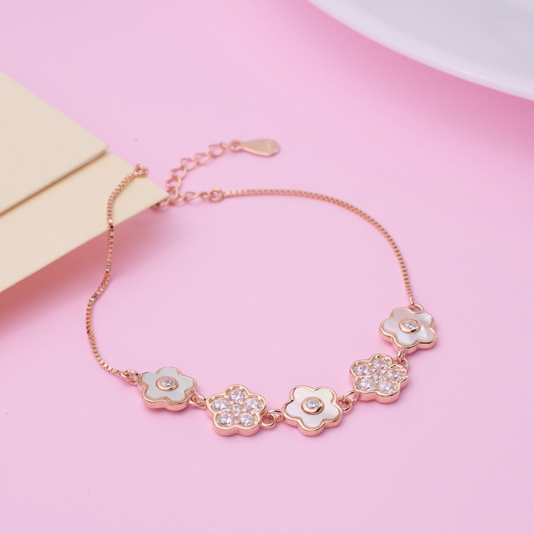 925 Silver Rose gold Flower Design Chain Bracelet