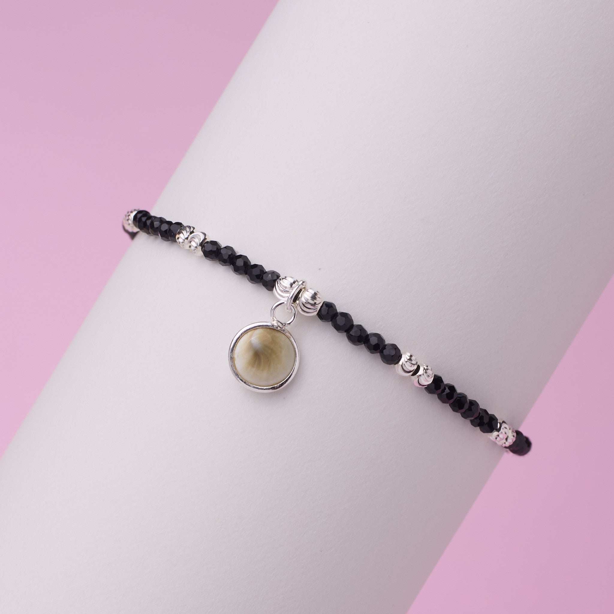 Silver Sleek Charm Black Beads Bracelet