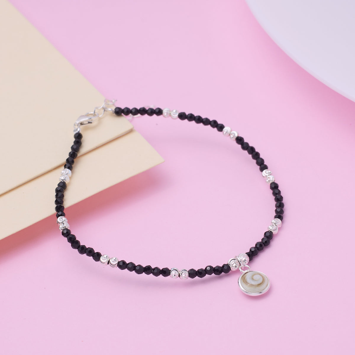Silver Sleek Charm Black Beads Bracelet
