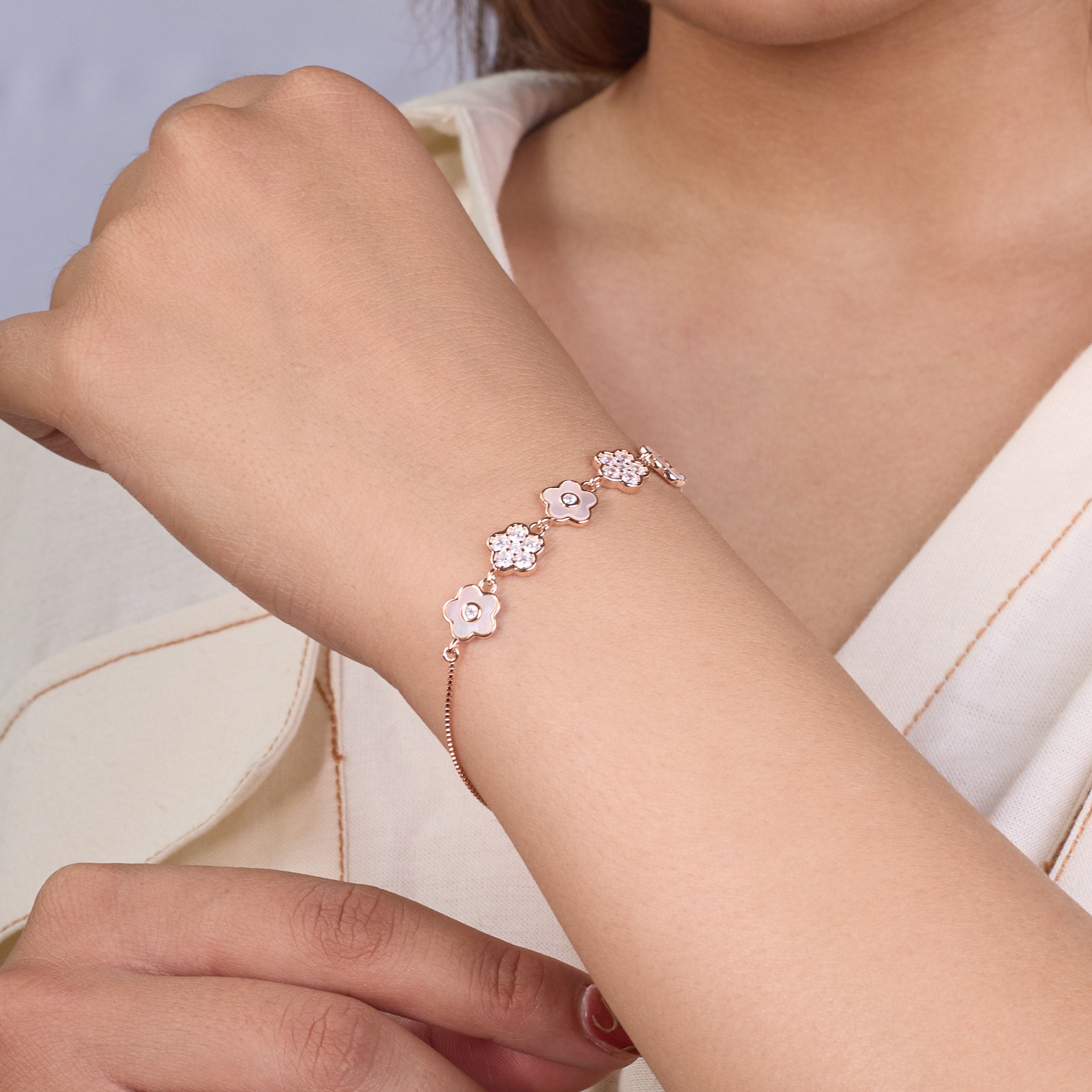 925 Silver Rose gold Flower Design Chain Bracelet