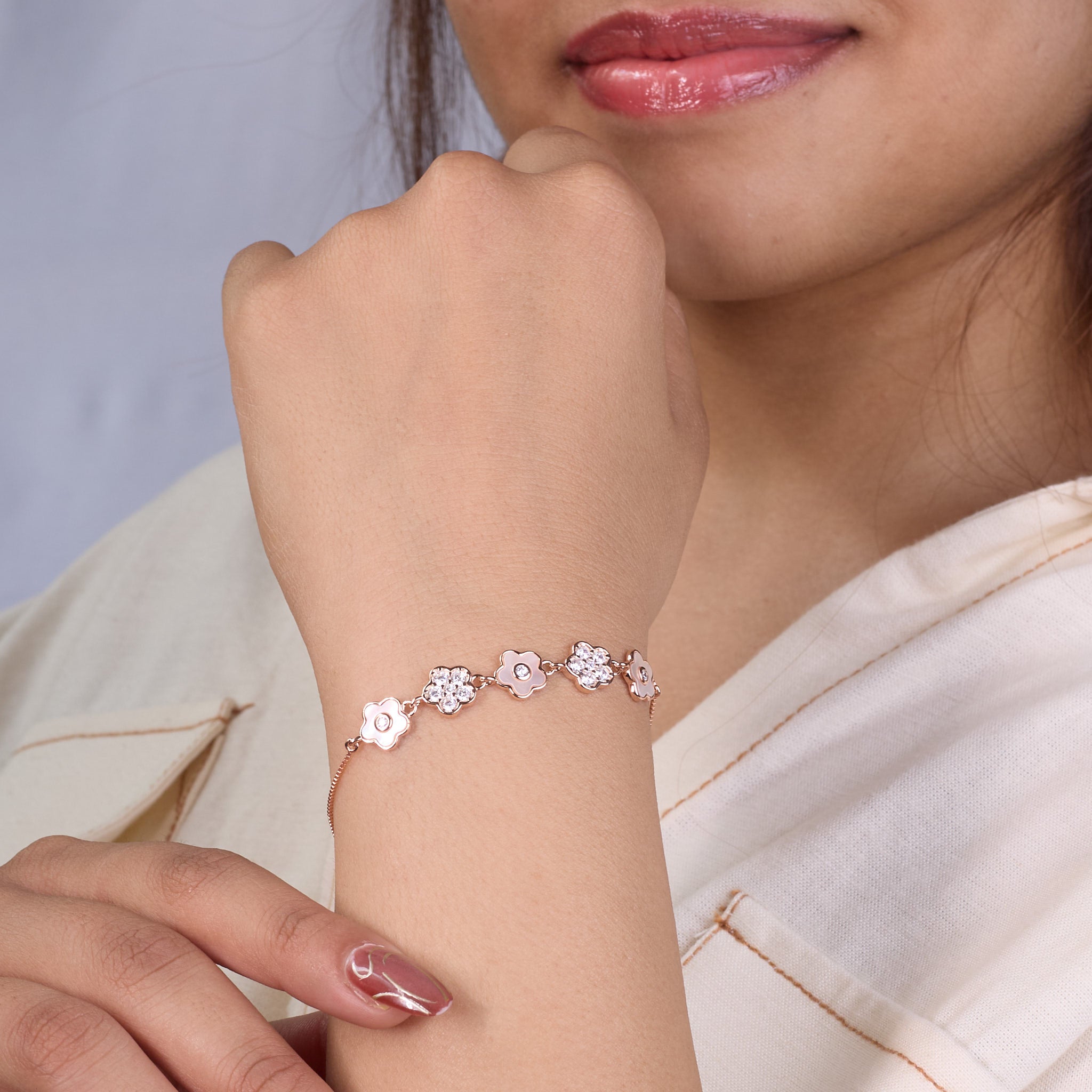 925 Silver Rose gold Flower Design Chain Bracelet