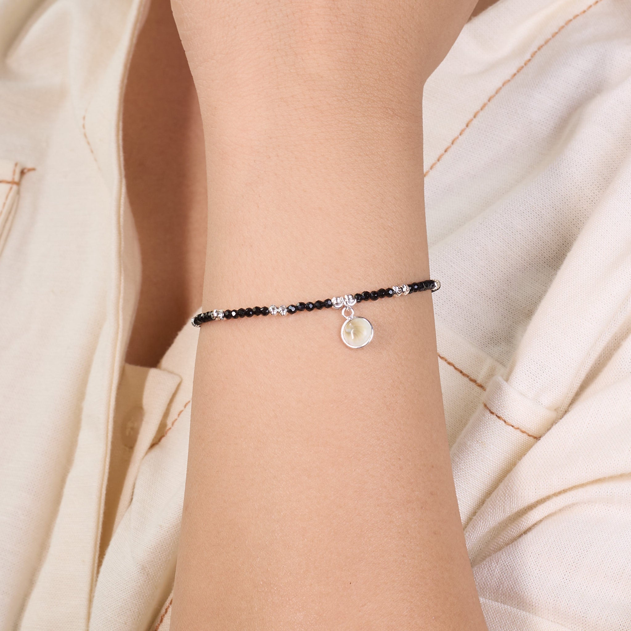 Silver Sleek Charm Black Beads Bracelet