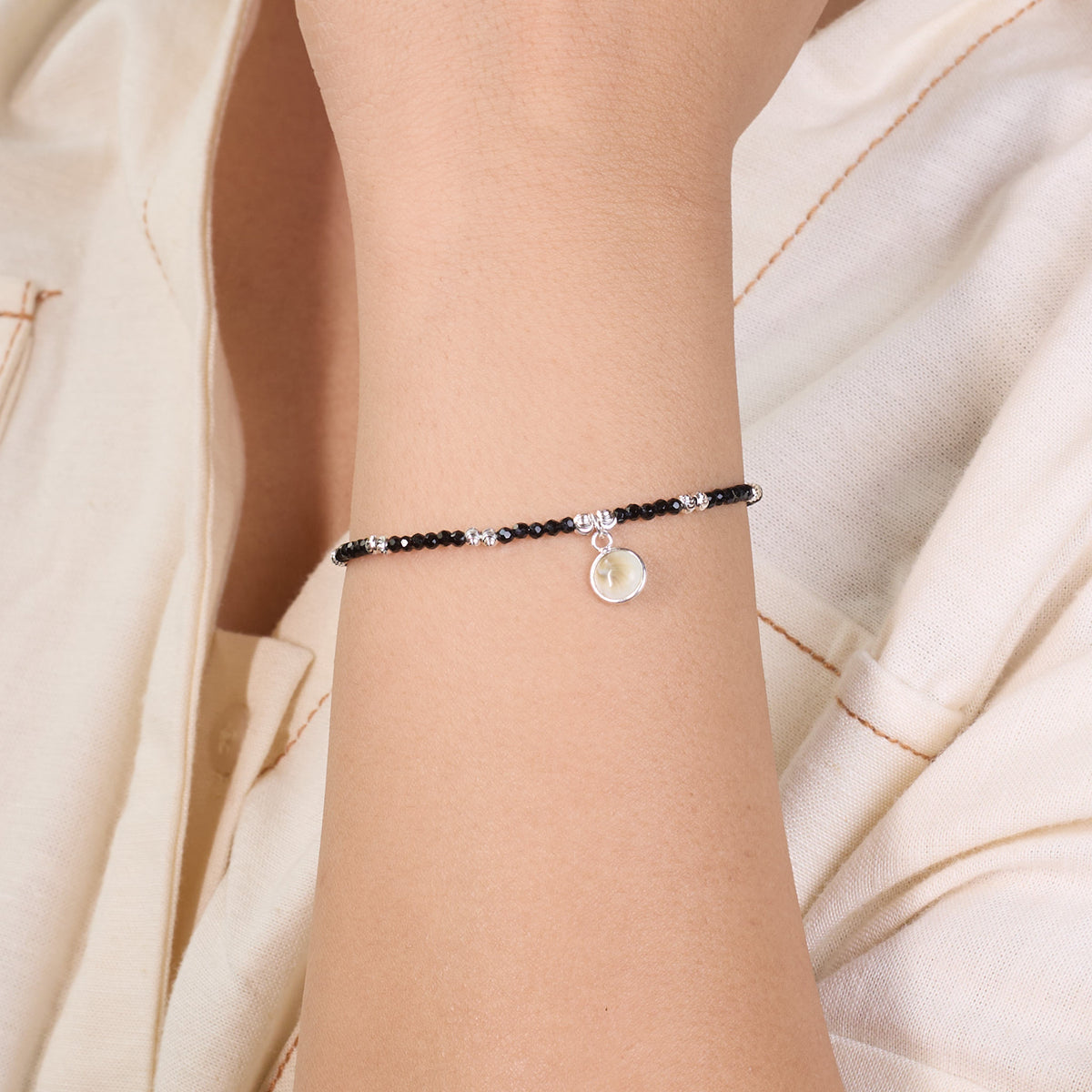 Silver Sleek Charm Black Beads Bracelet