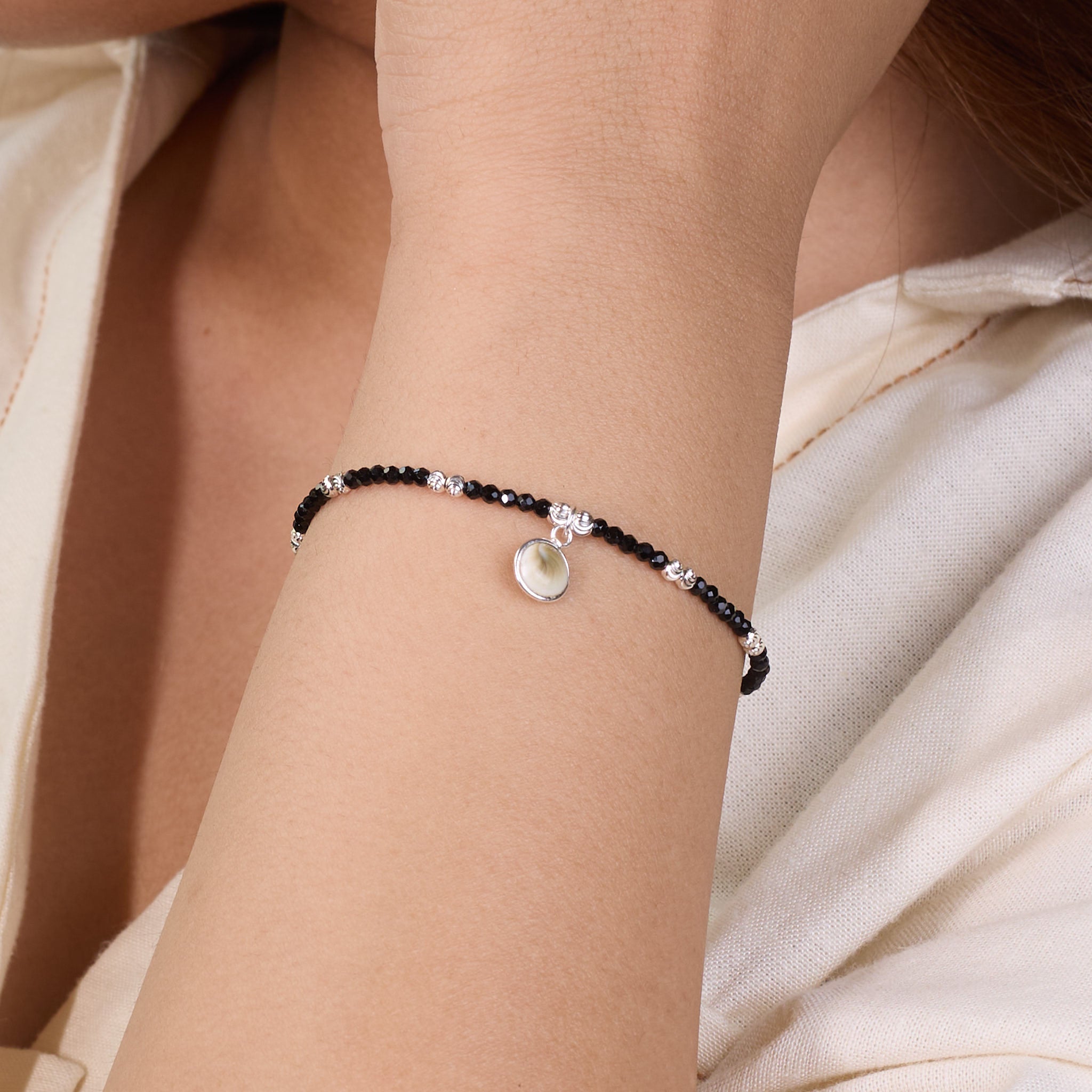 Silver Sleek Charm Black Beads Bracelet