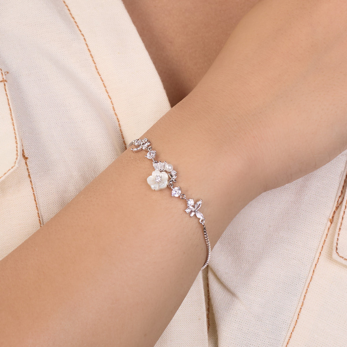 Silver Cute Whimsical Flower and Butterfly Bracelet for her