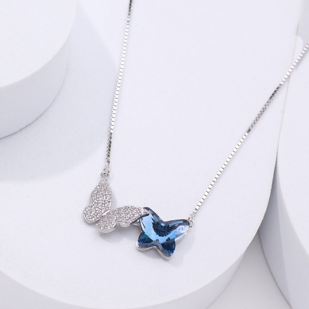 pure 925 Butterfly-shaped  with blue crystal and silver design pendant necklace 