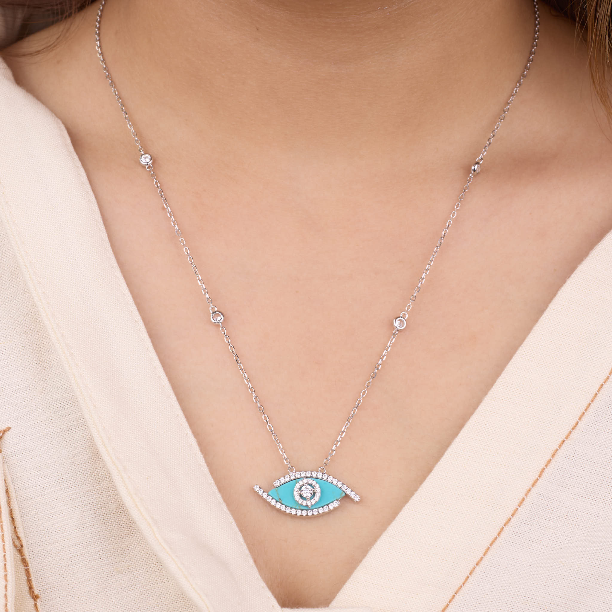 Silver Elegant Evil Eye Blue Pendant Necklace