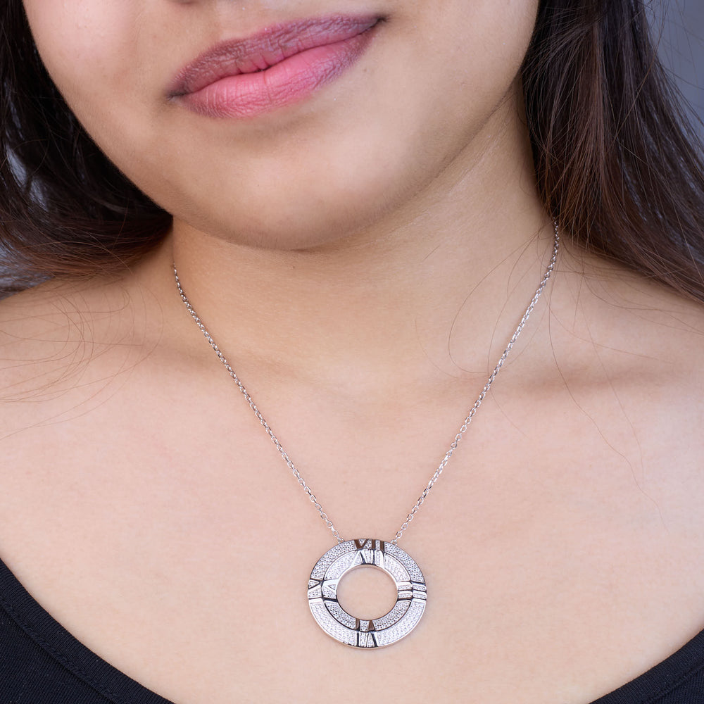 Pure 925 Silver necklace with a circular clock pendant with roman numerals on it 