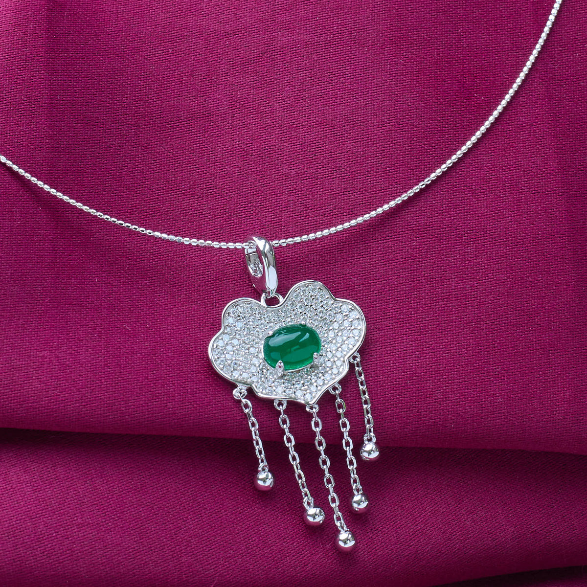 Pure 925 silver necklace with cloud shaped pendant and green stone with omega chain 