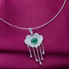 Pure 925 silver necklace with cloud shaped pendant and green stone with omega chain 