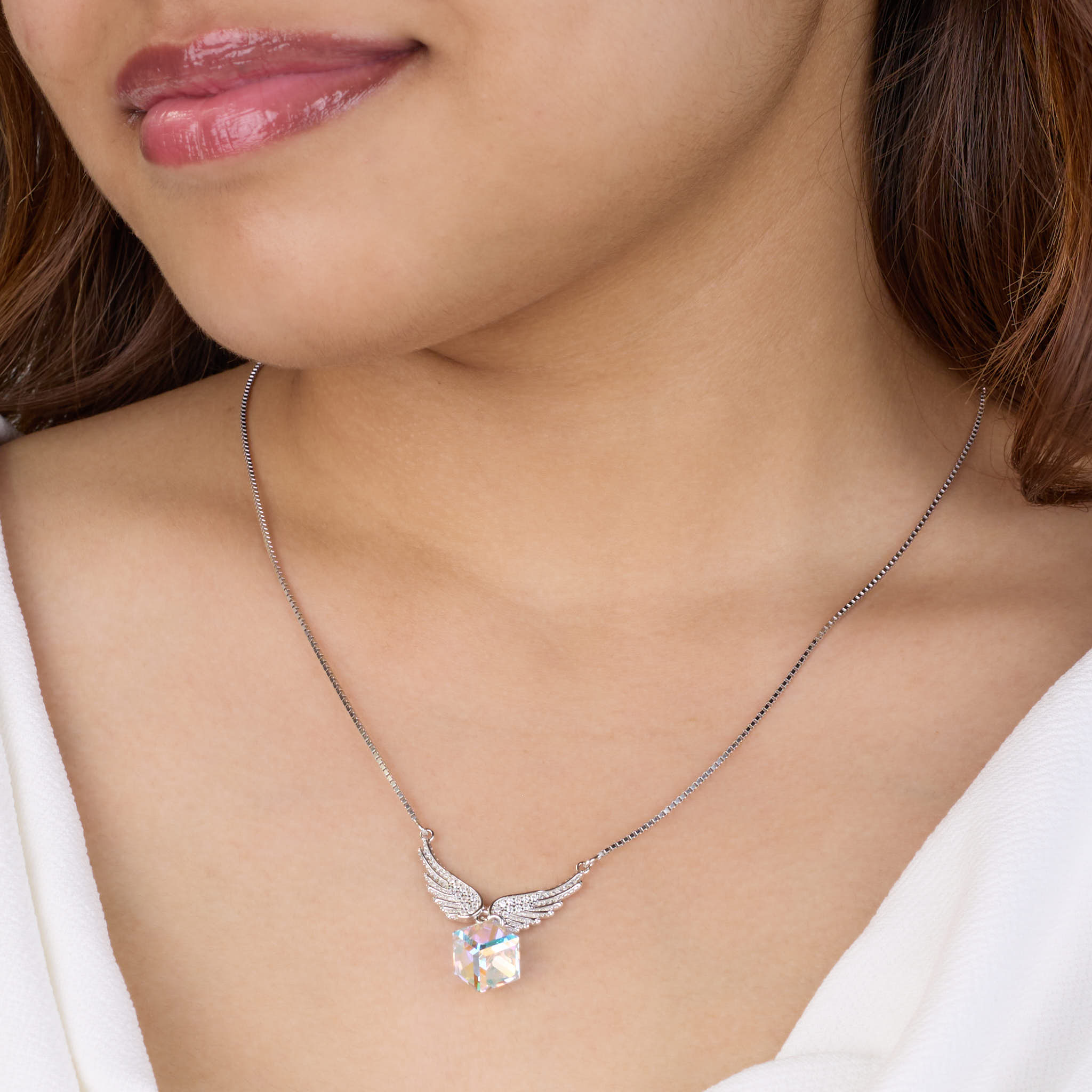 Silver Angel wings Sparkling Rainbow Crystal Pendant Necklace