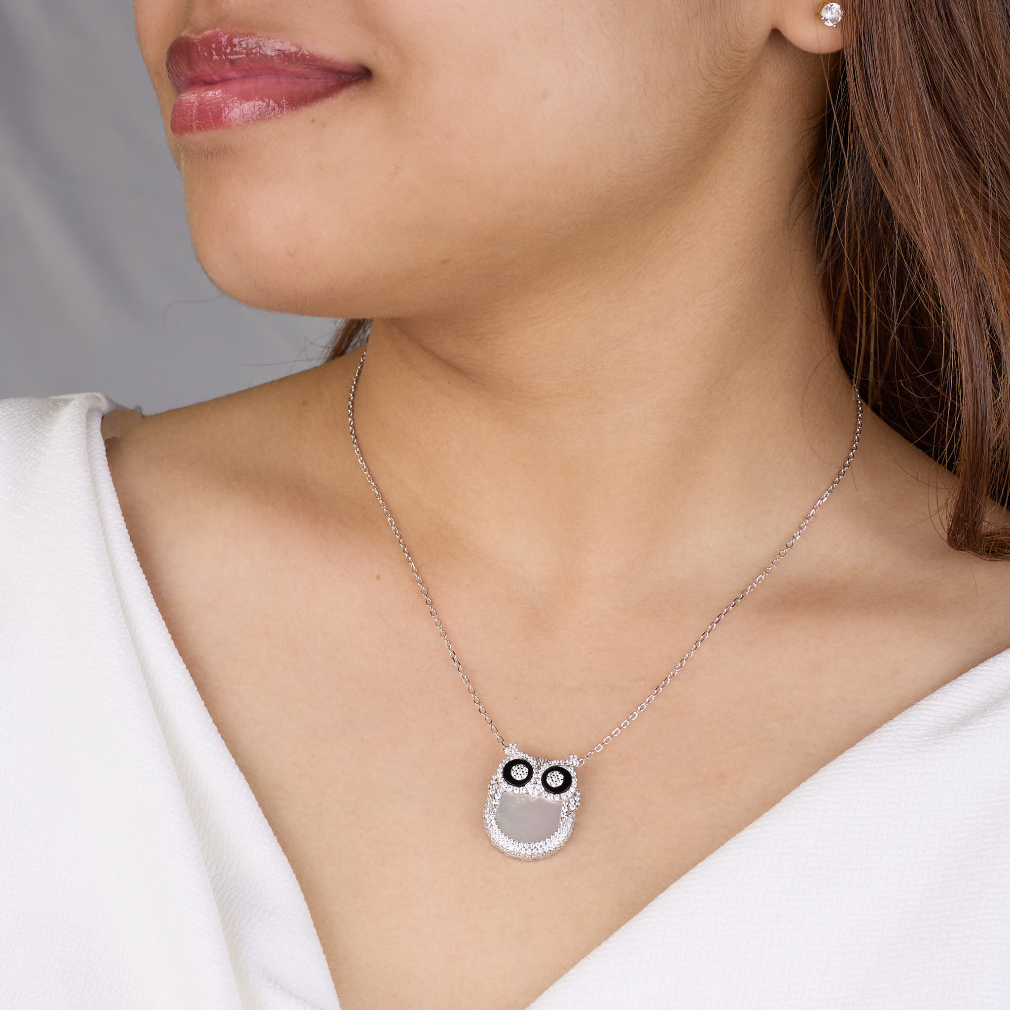Silver Wise Owl Necklace pendant with Mother of Pearl and CZ