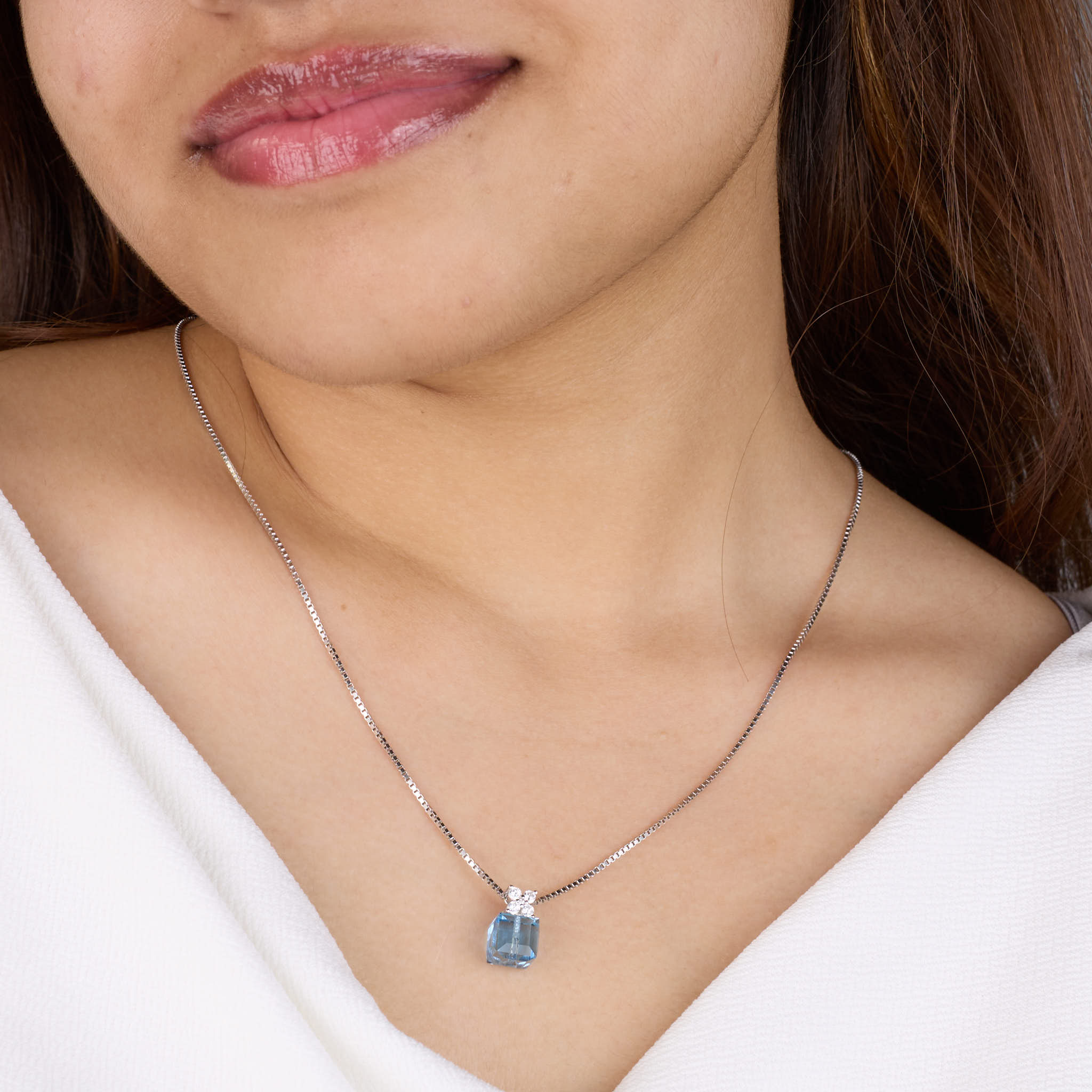 Silver Swiss Blue Crystal with floral design Chain pendant for her
