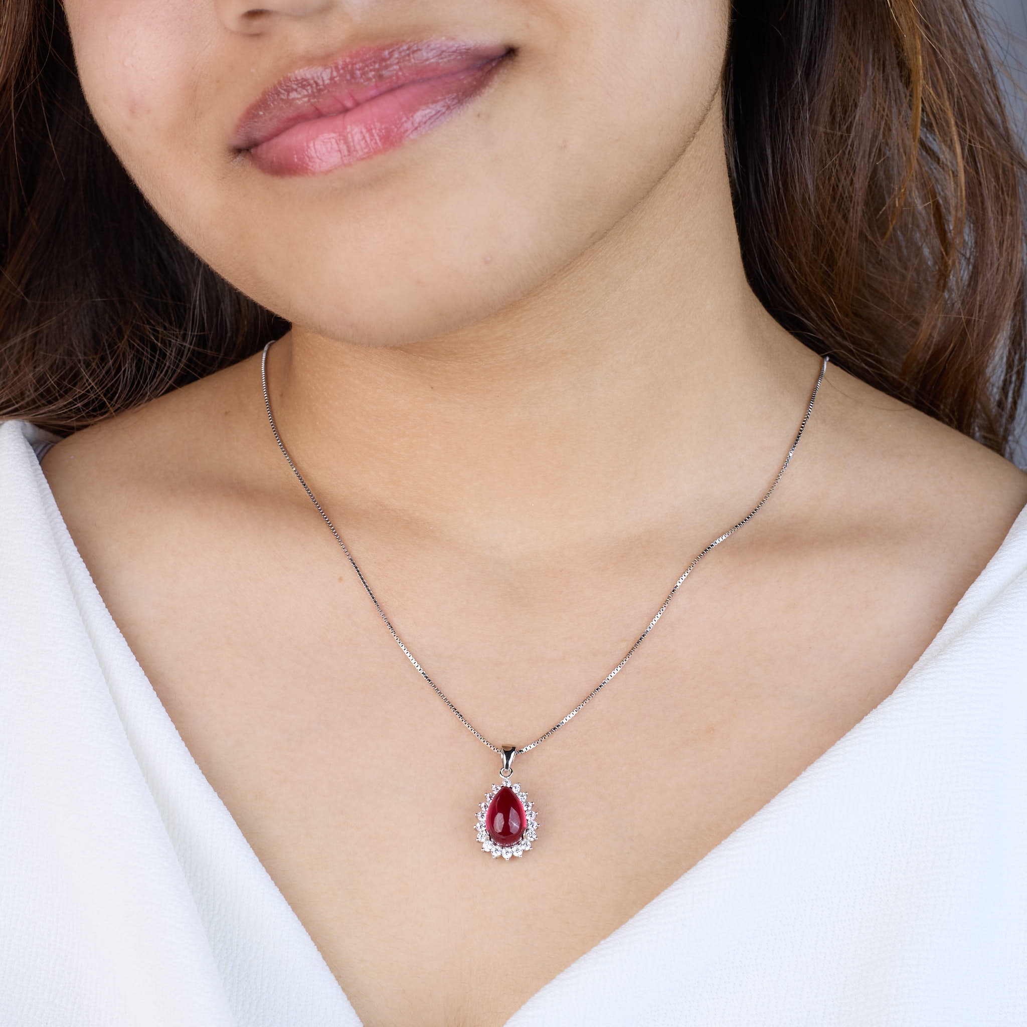 Silver Crimson Red Tear drop Victorian Chain pendant