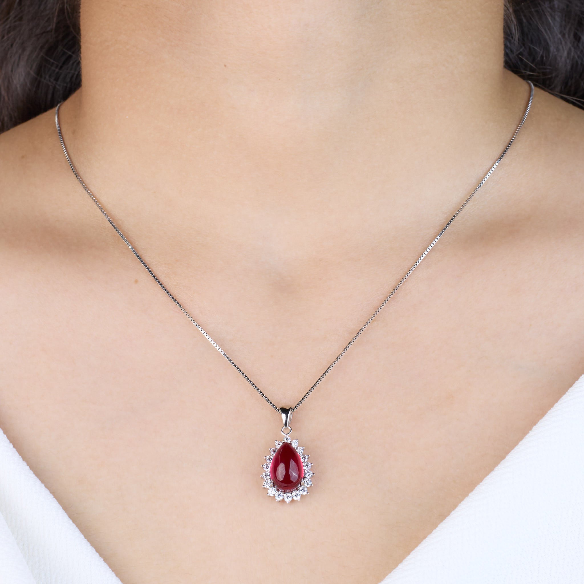 Silver Crimson Red Tear drop Victorian Chain pendant