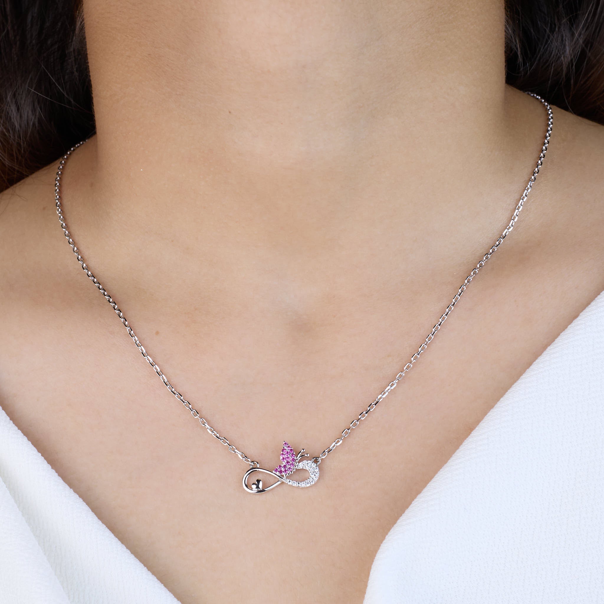 Silver Pink Butterfly and Infinity Love Pendant