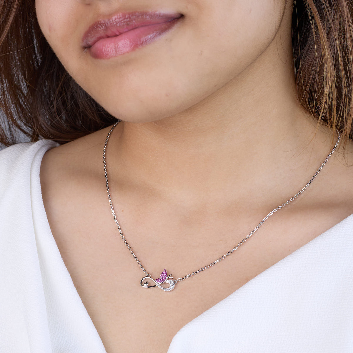 Silver Pink Butterfly and Infinity Love Pendant