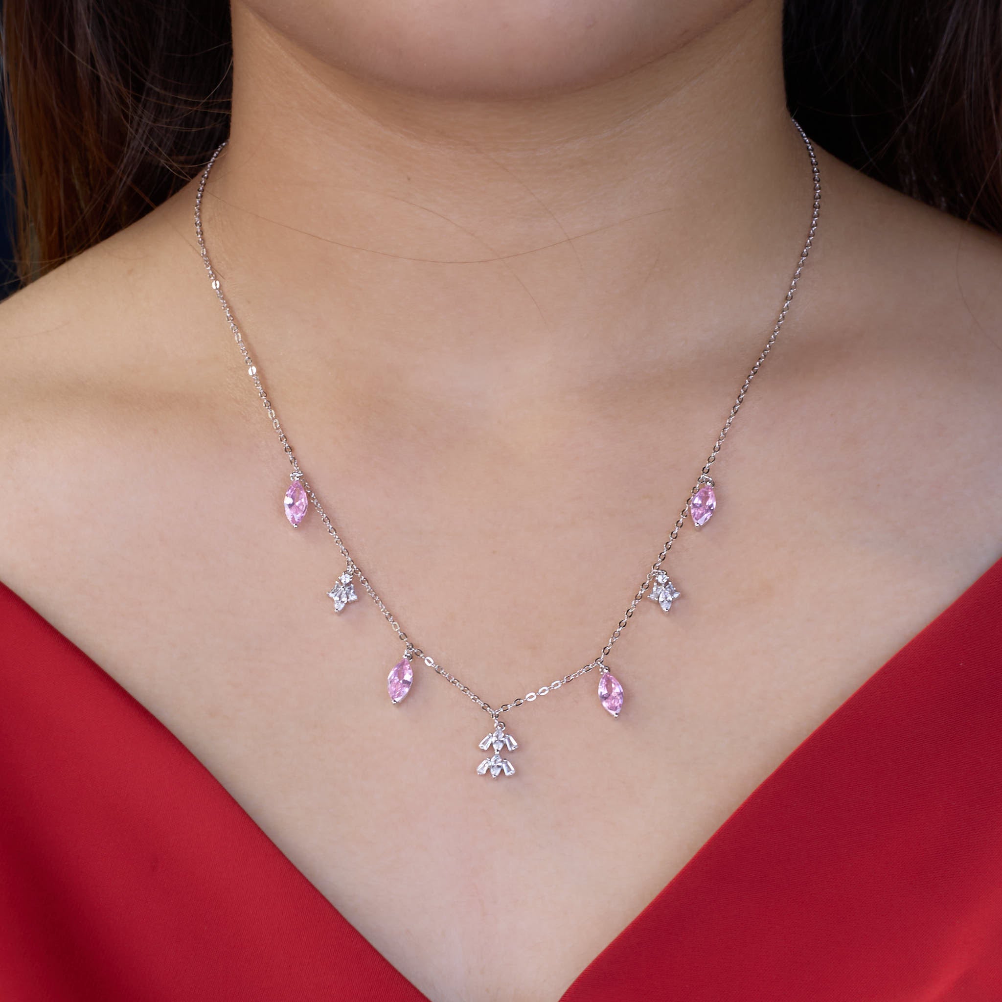 Silver Hot Pink Marquise Dangle Necklace