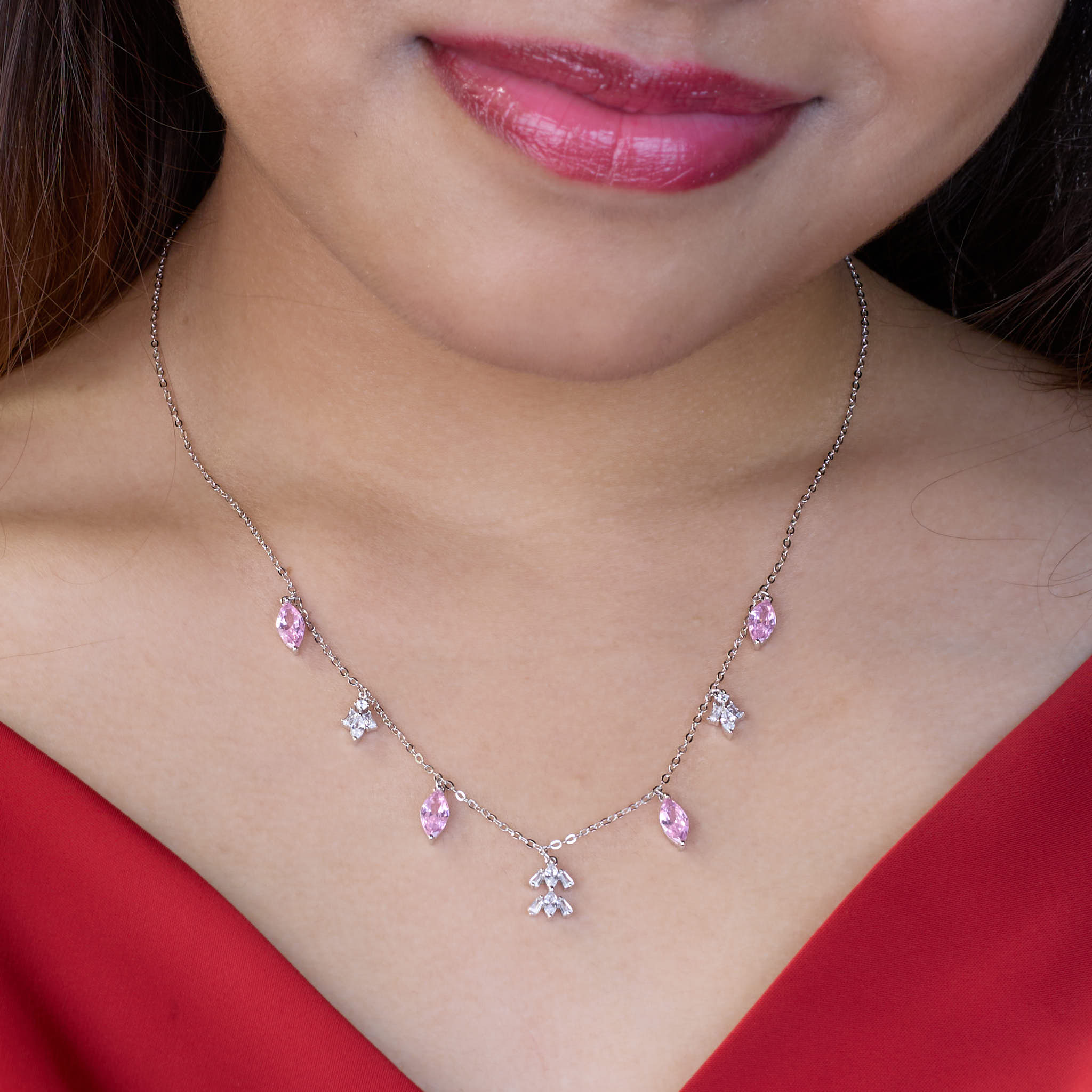 Silver Hot Pink Marquise Dangle Necklace