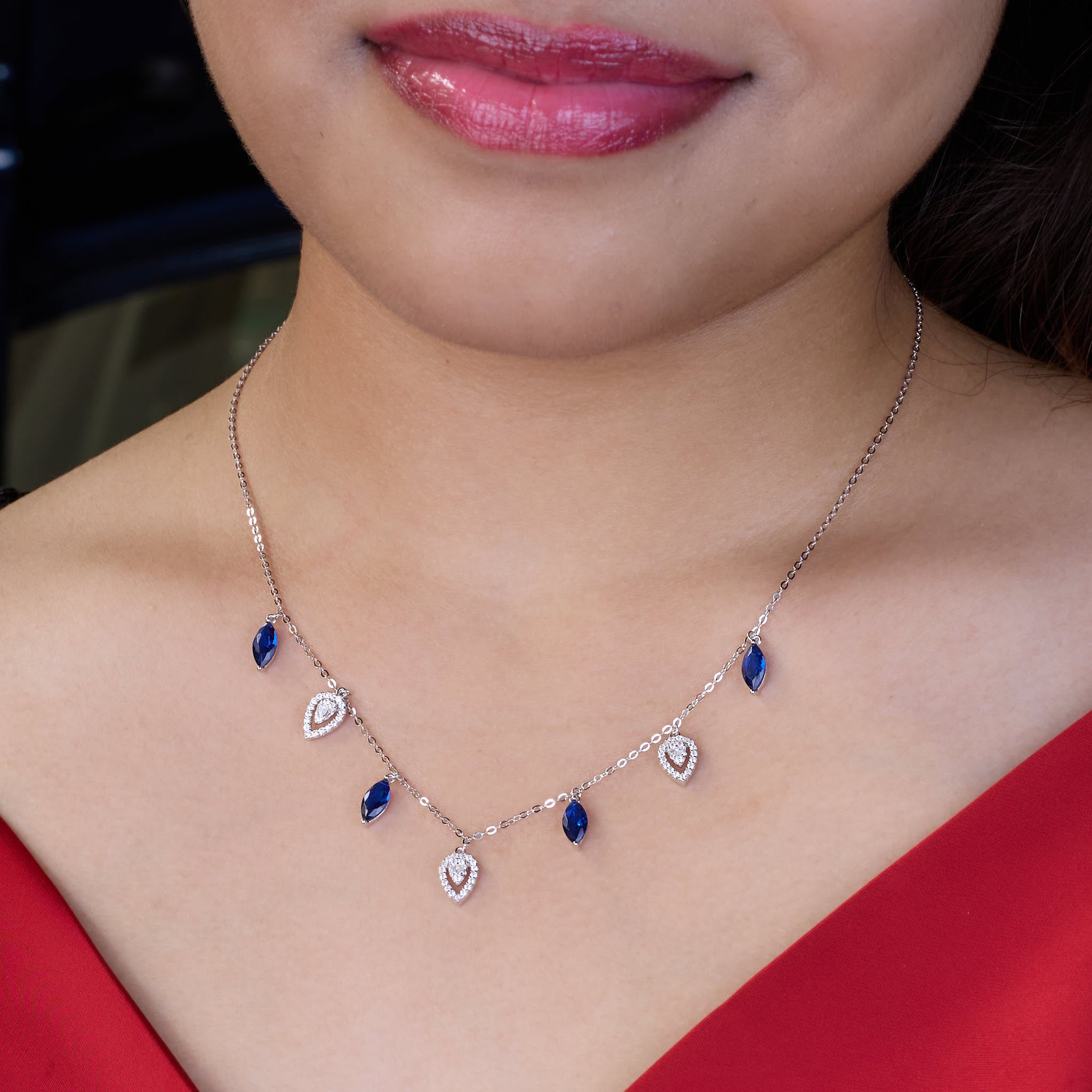 Silver Deep Blue Marquise & Teardrop Dangle Necklace for her